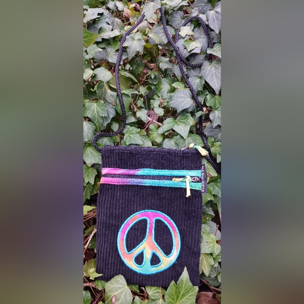Passport Purse in Black Corduroy with Tie Dyed Embroidered Peace SignA 4"x8" 2